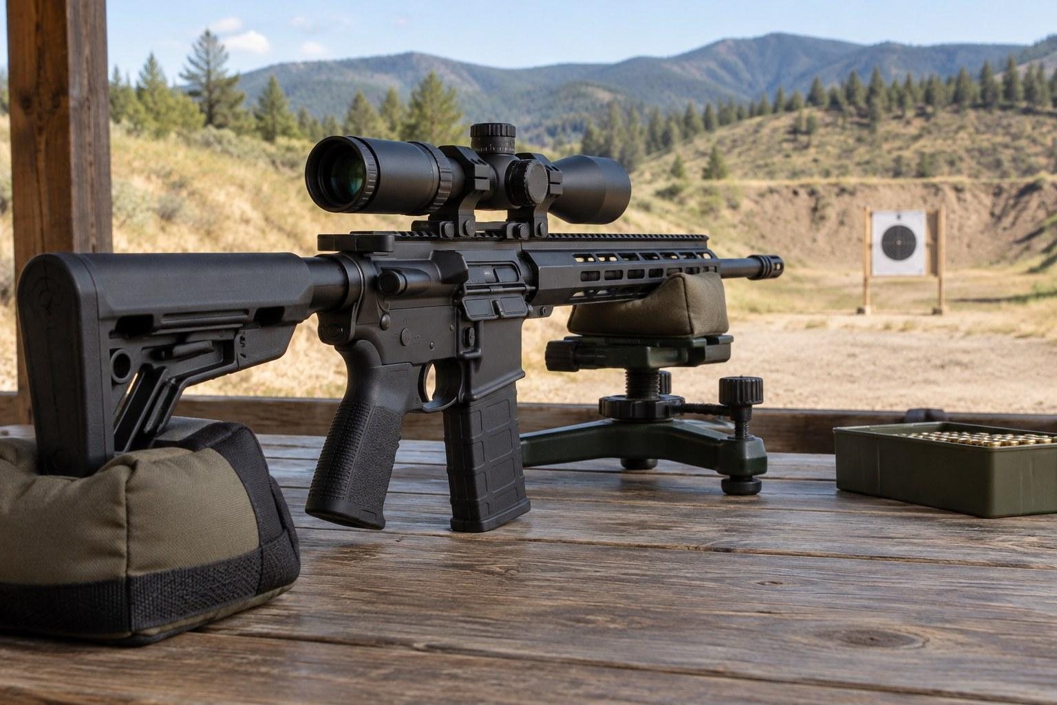Scoped black rifle supported on rests at an outdoor range with mountains and a target behind it.