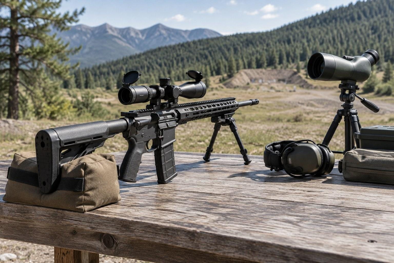 Scoped rifle on a wooden bench with spotting scope and hearing protection overlooking a mountainous landscape.