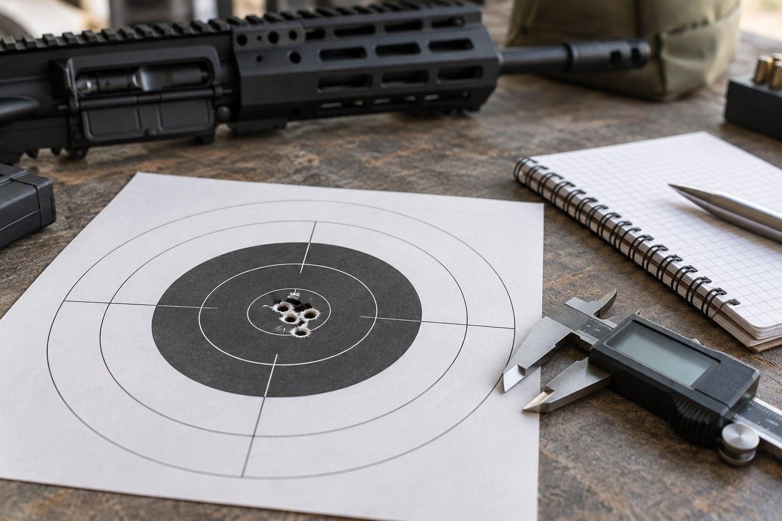 Paper shooting target with clustered marks beside a rifle, notebook, pen, and measuring caliper on a workbench.