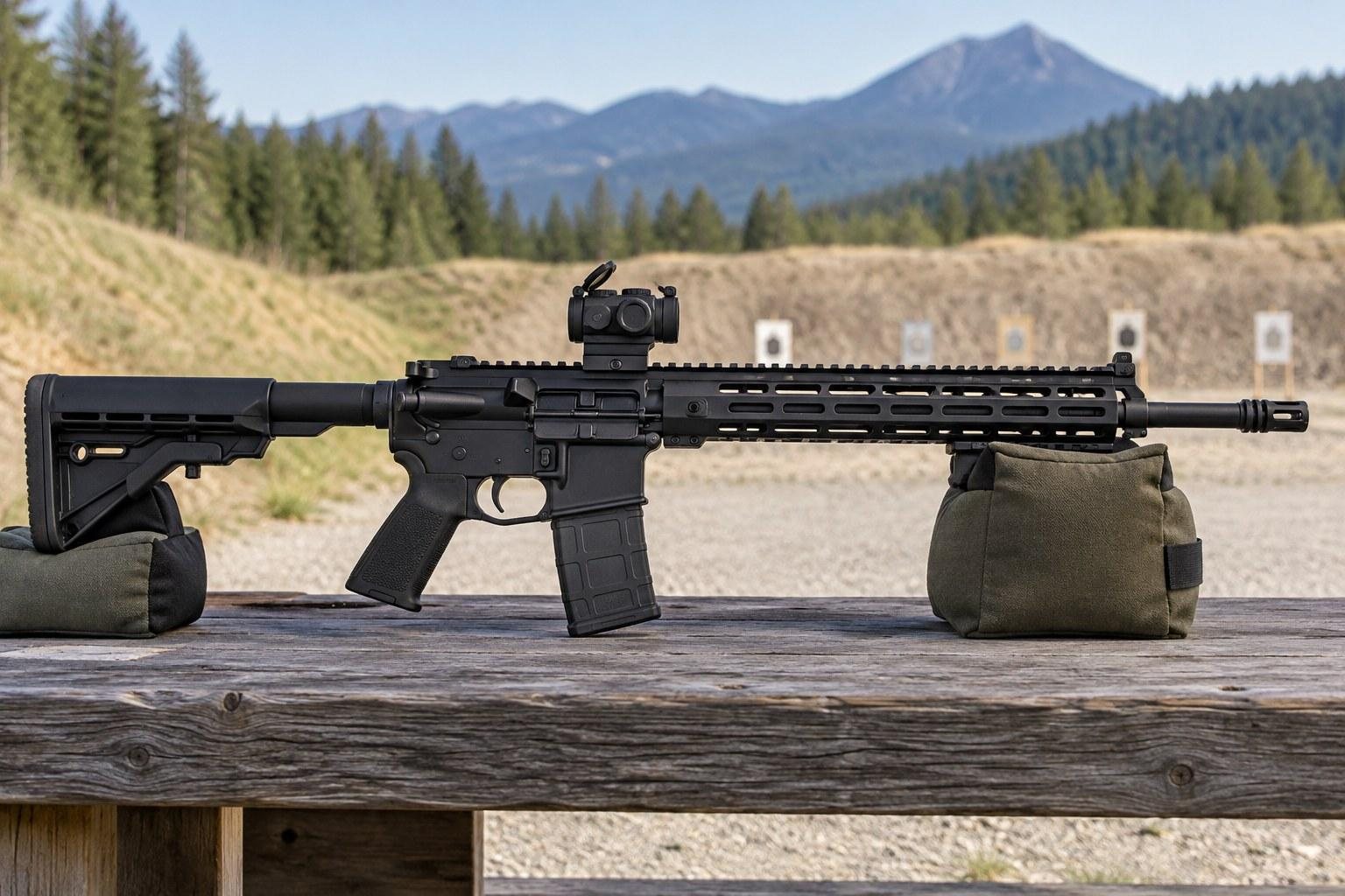 Black rifle resting on sandbags outdoors with forested mountains in the background