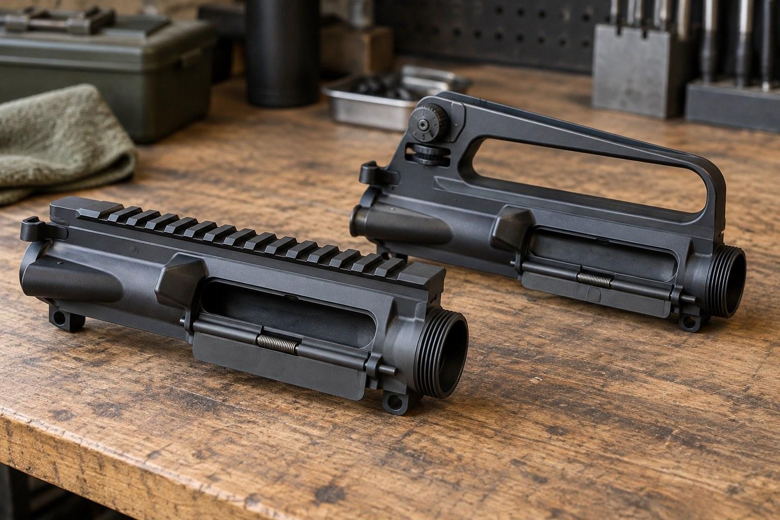 Two black upper receiver assemblies arranged on a wooden workshop bench