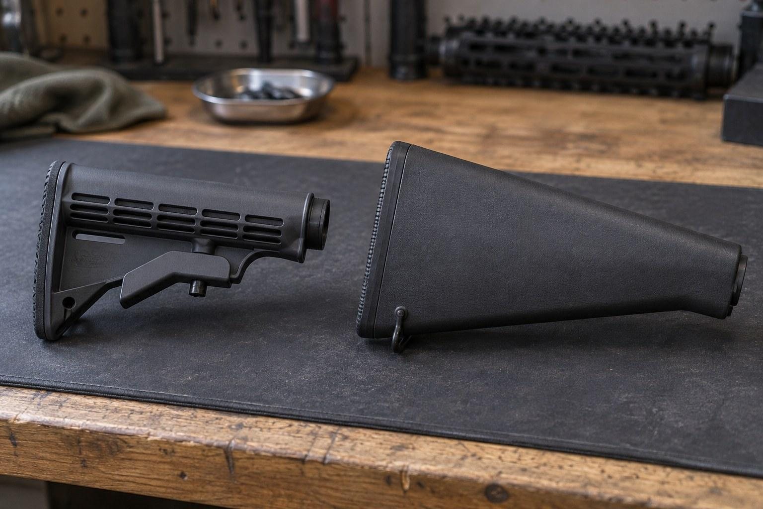 Black adjustable stock and separate shoulder stock on a workbench mat