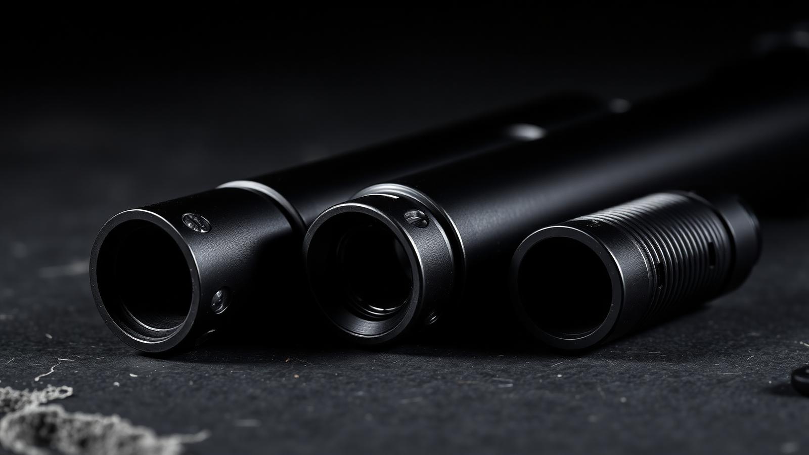 Three AR-15 muzzle devices on dark slate: a muzzle brake, a compensator, and a flash hider.