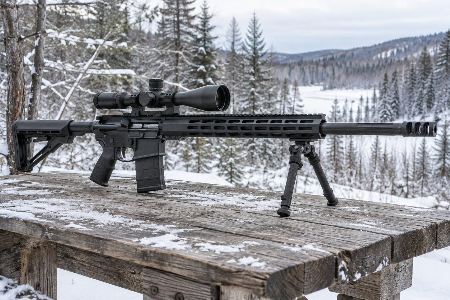 Black scoped rifle with bipod rests on a snow-dusted wooden bench in a wintry forest landscape.