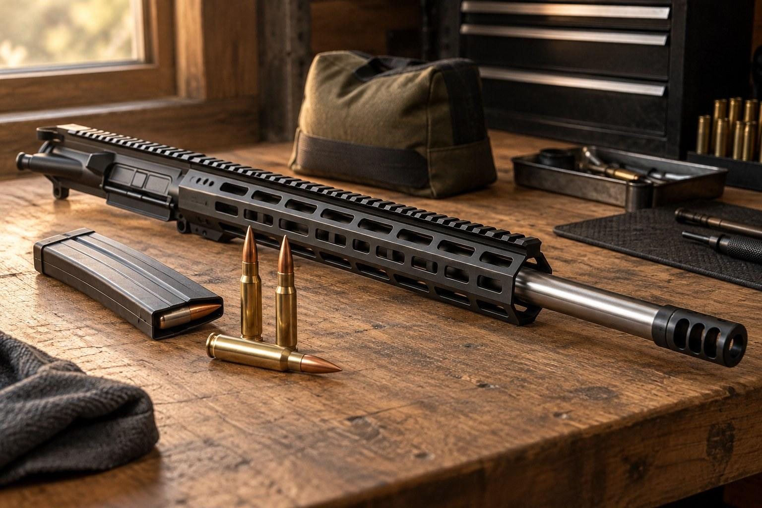 Black rifle assembly with magazine and cartridges lies on a wooden workbench beside tools and a sandbag.
