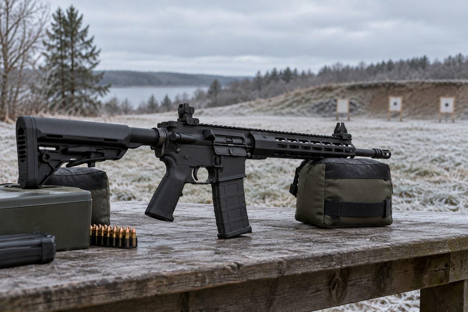 Black rifle rests on a wooden bench beside ammunition, equipment cases, and a cloudy snowy landscape.