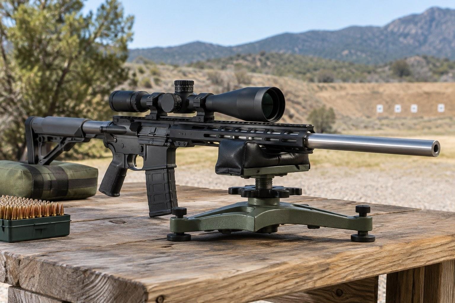 Black scoped rifle on green shooting rest, with ammunition and case on wooden bench.