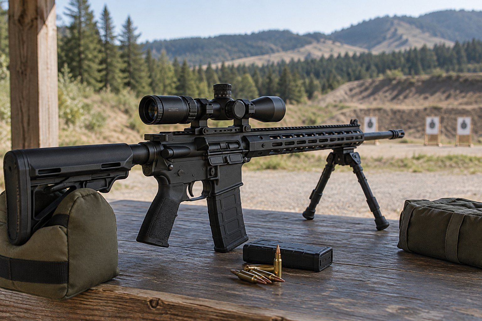Black scoped rifle with bipod and ammunition on a covered wooden shooting bench.