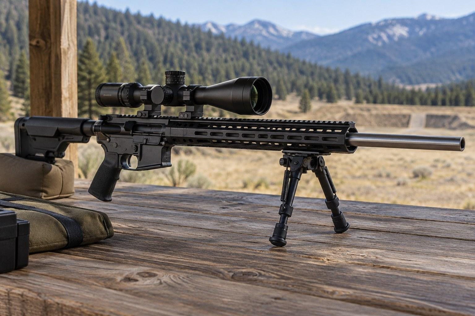 Black scoped rifle with bipod on wooden bench overlooking a forested mountain range.