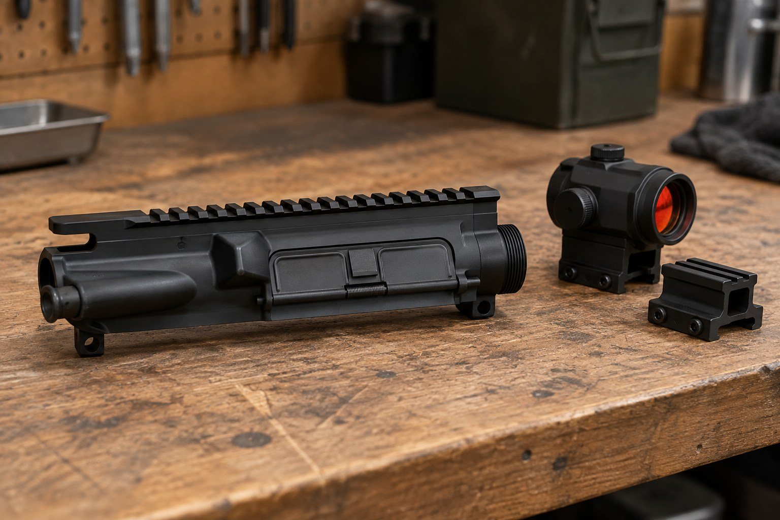 Black rifle upper assembly beside a red-lensed optic and mounting components on a wooden workbench