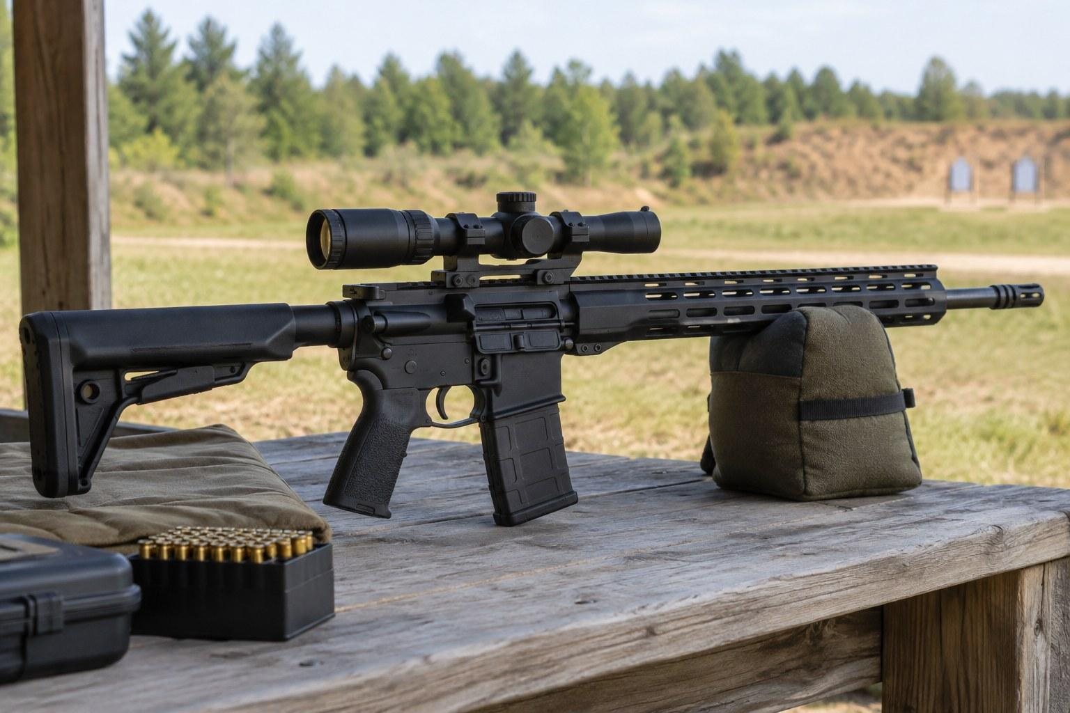 Black rifle with scope resting on a shooting bench, with ammunition nearby and trees in background