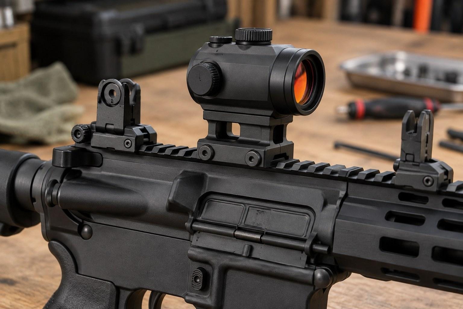 Close-up of black rifle receiver fitted with a red-lensed optic and raised sights