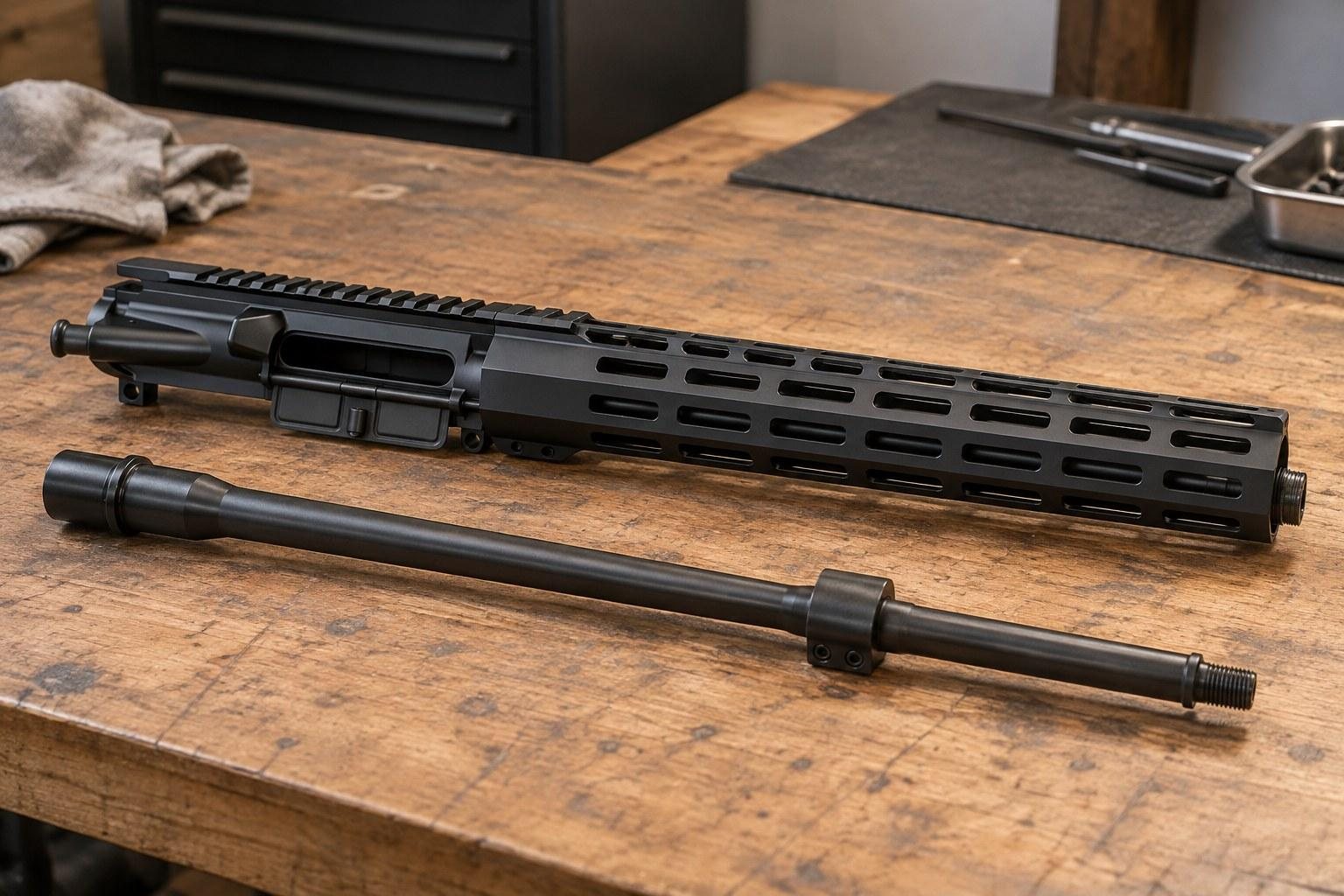 Disassembled black firearm upper assembly and separate barrel arranged on a wooden workbench indoors.