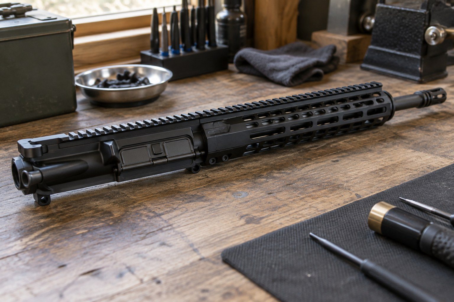 Black rifle upper assembly lies on a wooden workbench beside ammunition, tools, and a metal dish.