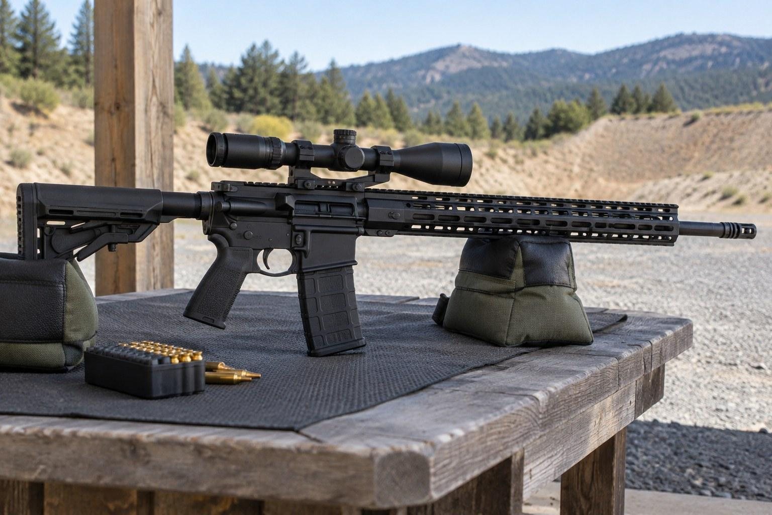Black rifle supported on a wooden outdoor bench with ammunition nearby, overlooking mountains and a gravel range.
