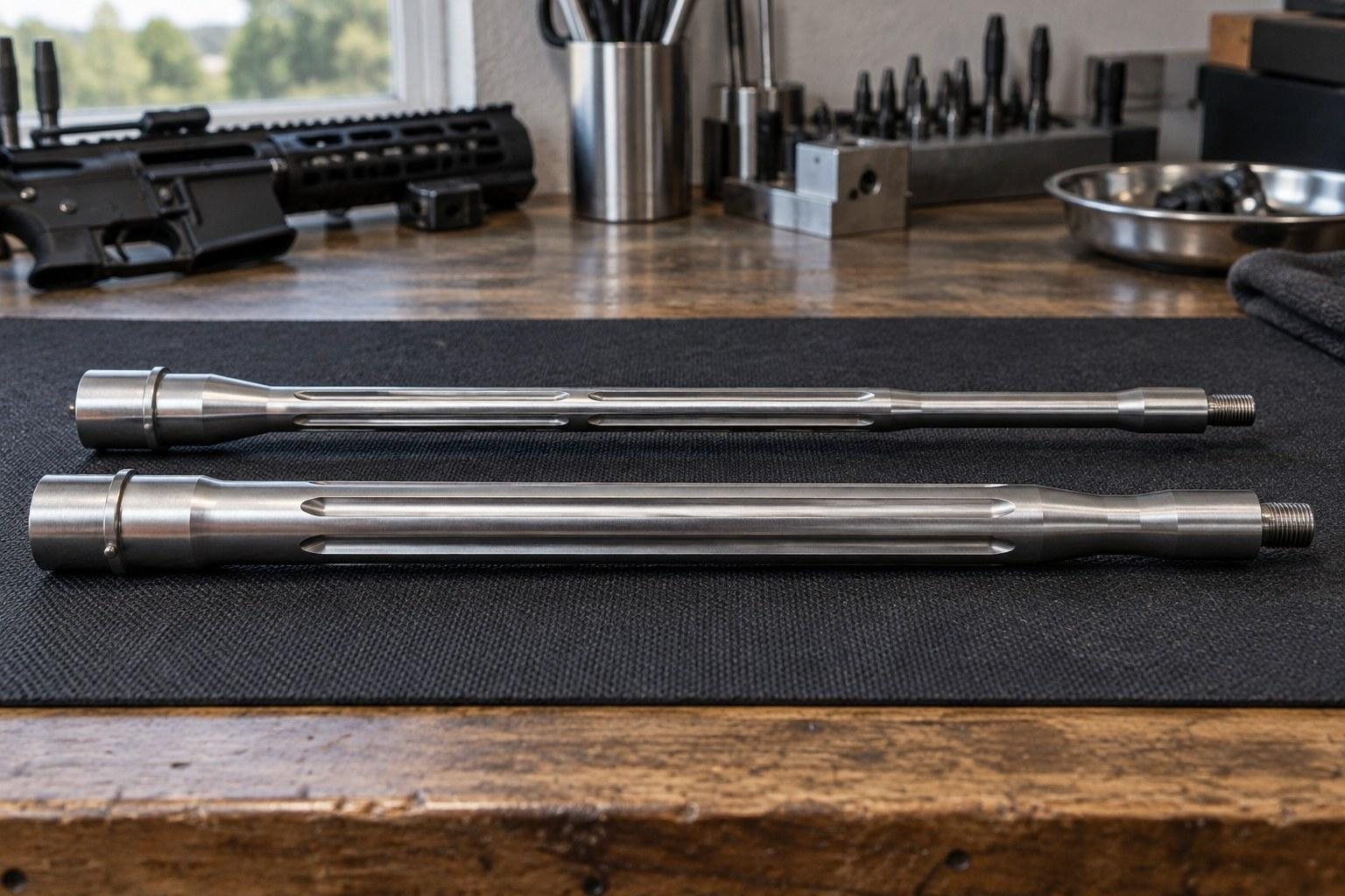 Two polished metal tubes rest on a black mat atop a wooden workbench, with tools and equipment behind.