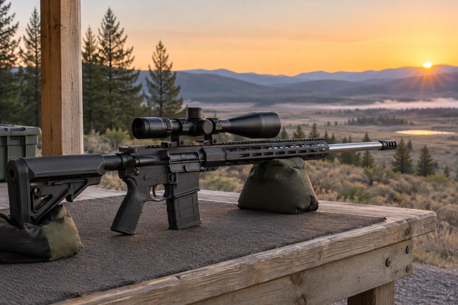 Black scoped rifle rests on a wooden shooting bench overlooking layered mountains and a glowing sunset.
