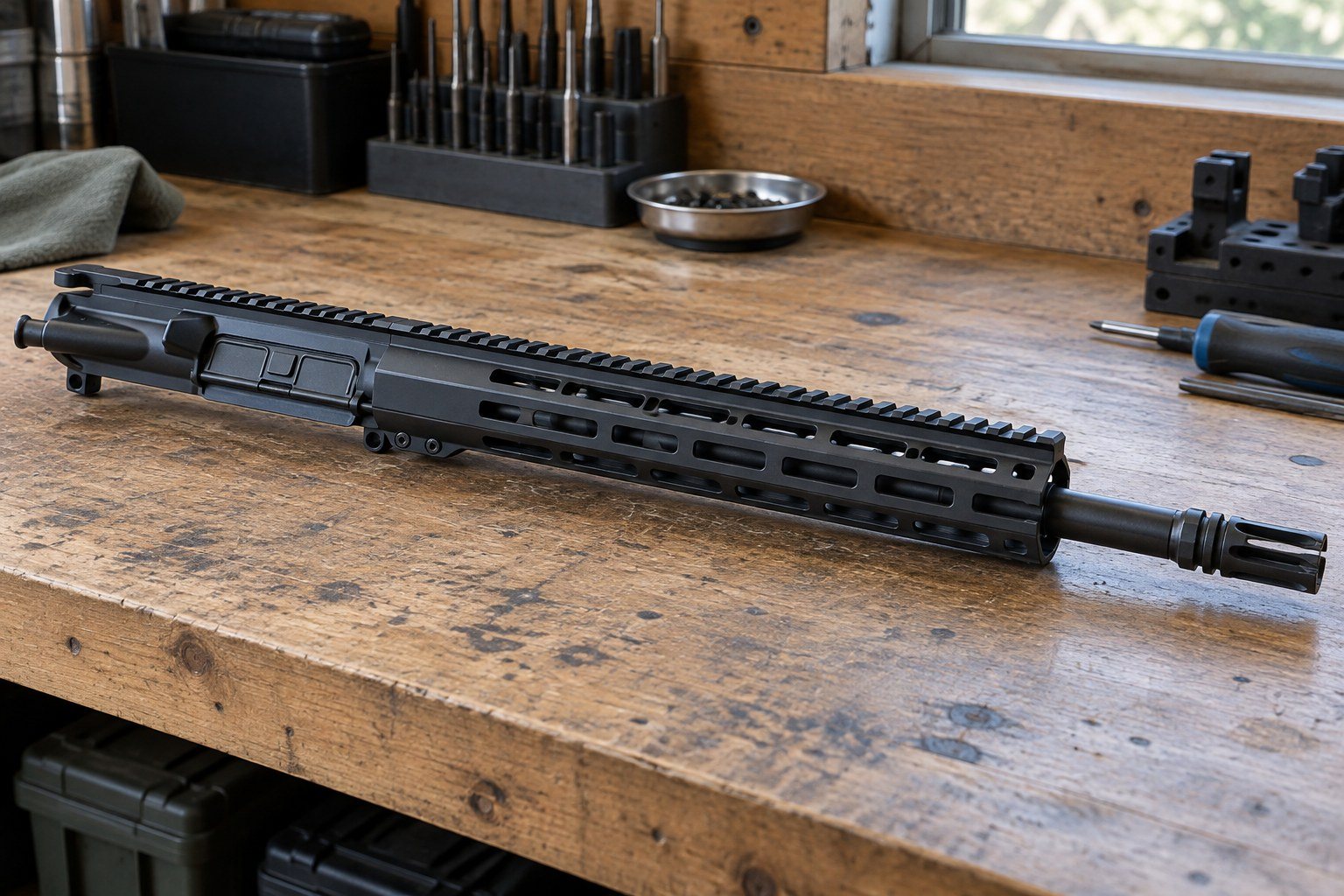 Black rifle upper assembly displayed horizontally on a wooden workbench beside tools and parts.