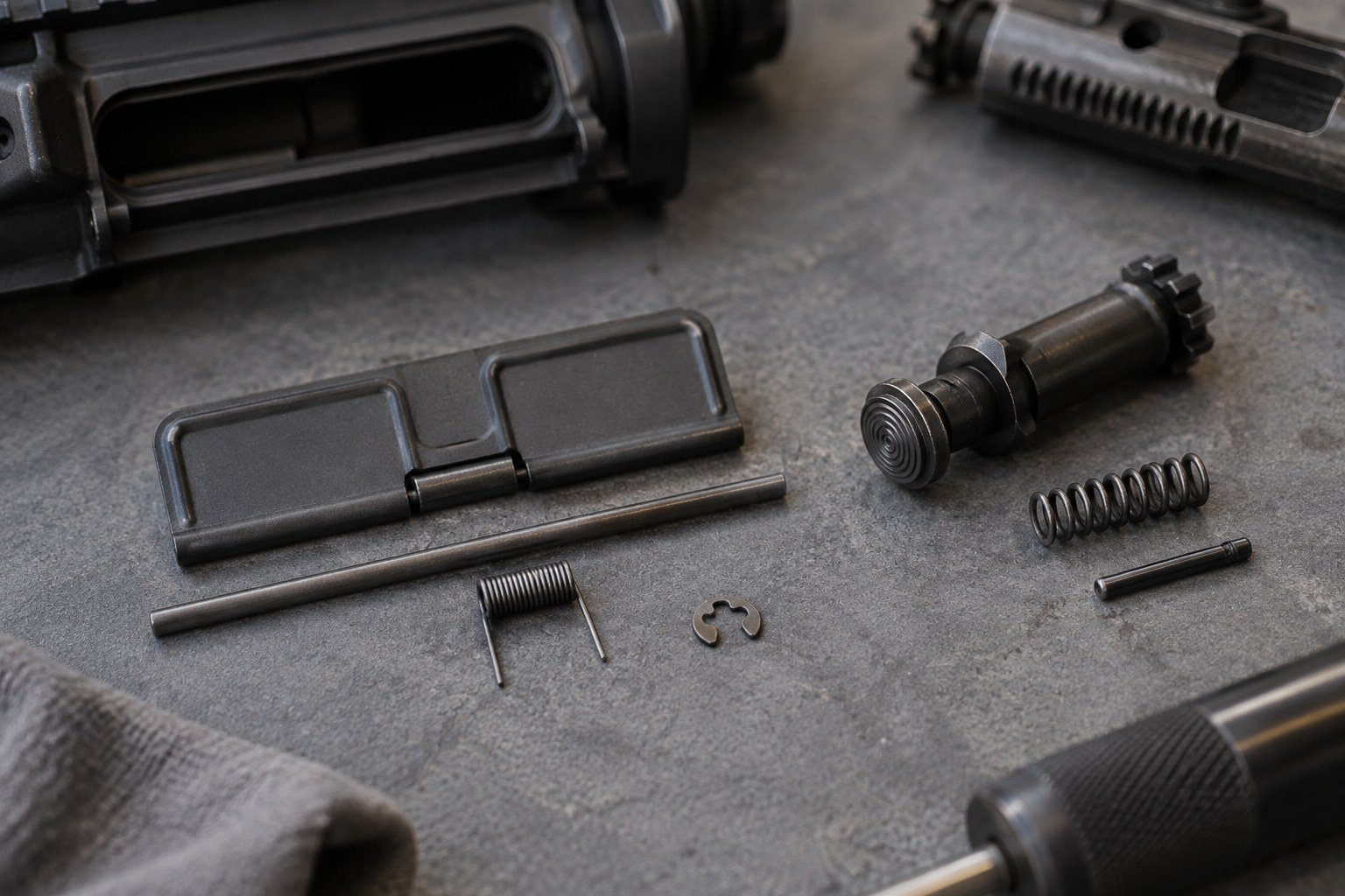 Disassembled black firearm components and small springs arranged on a gray work surface.