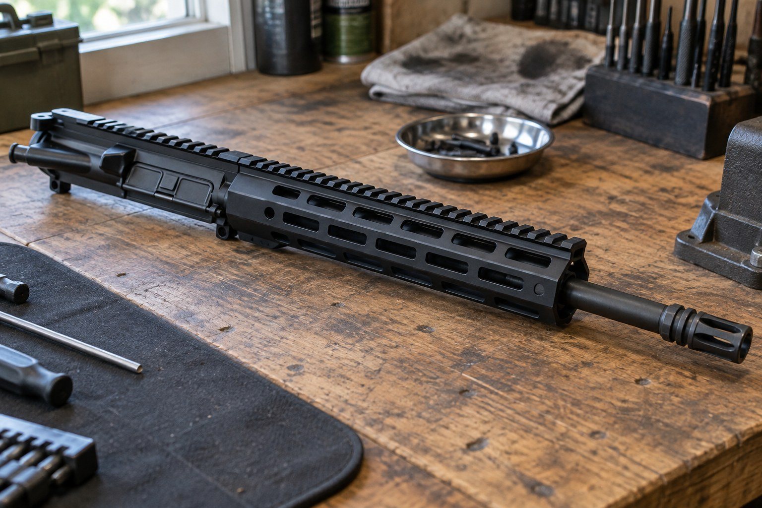 Black rifle upper assembly resting diagonally on a wooden gunsmithing workbench.