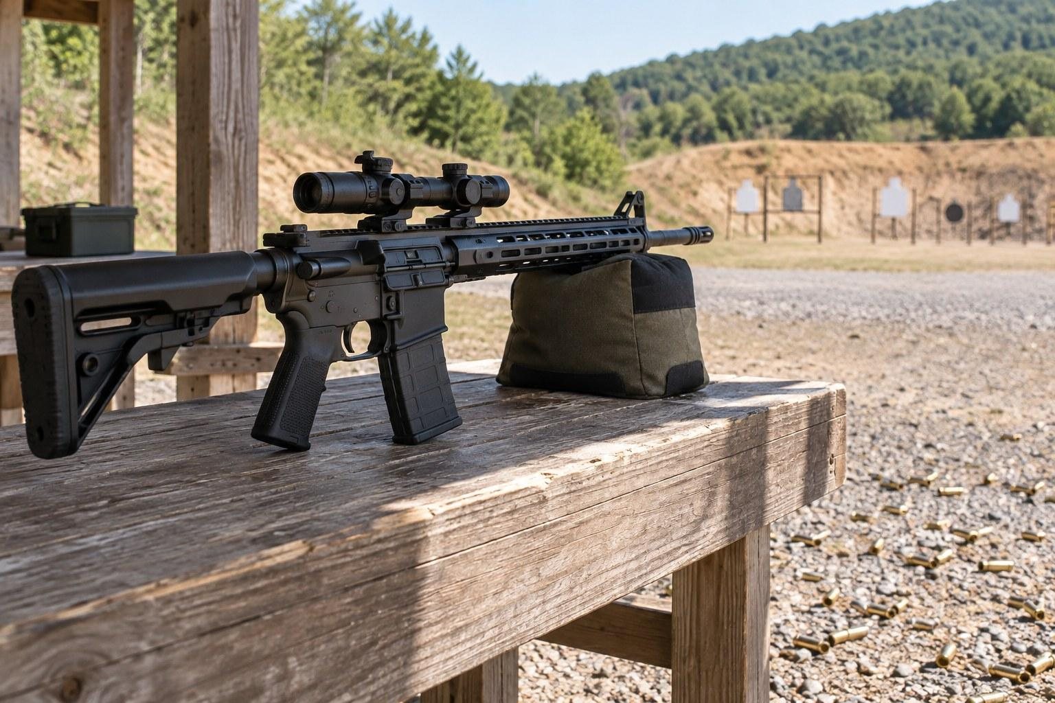 Black scoped rifle resting on a wooden shooting bench overlooking a gravel range and wooded hills.