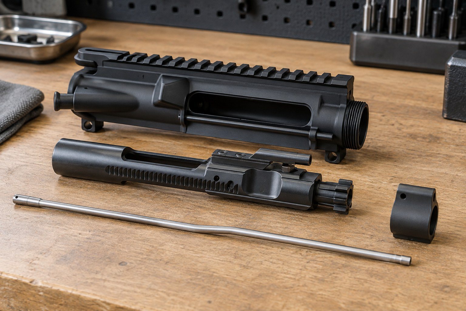 Disassembled black firearm components arranged on a wooden workbench with metal tools and parts nearby.