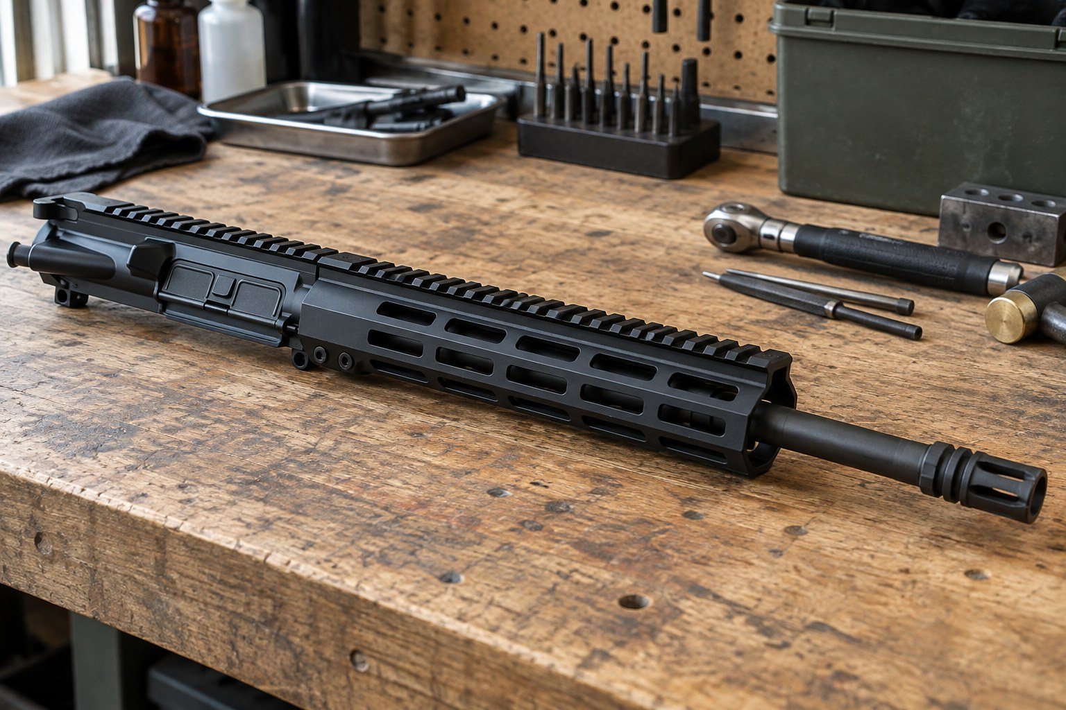 Black rifle laid diagonally across a wooden workbench beside metal tools, containers, and small components.