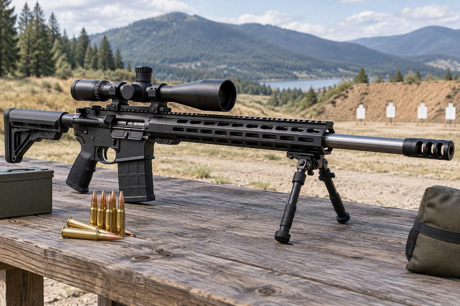 Scoped black rifle with bipod and cartridges on a wooden table before forested mountains.