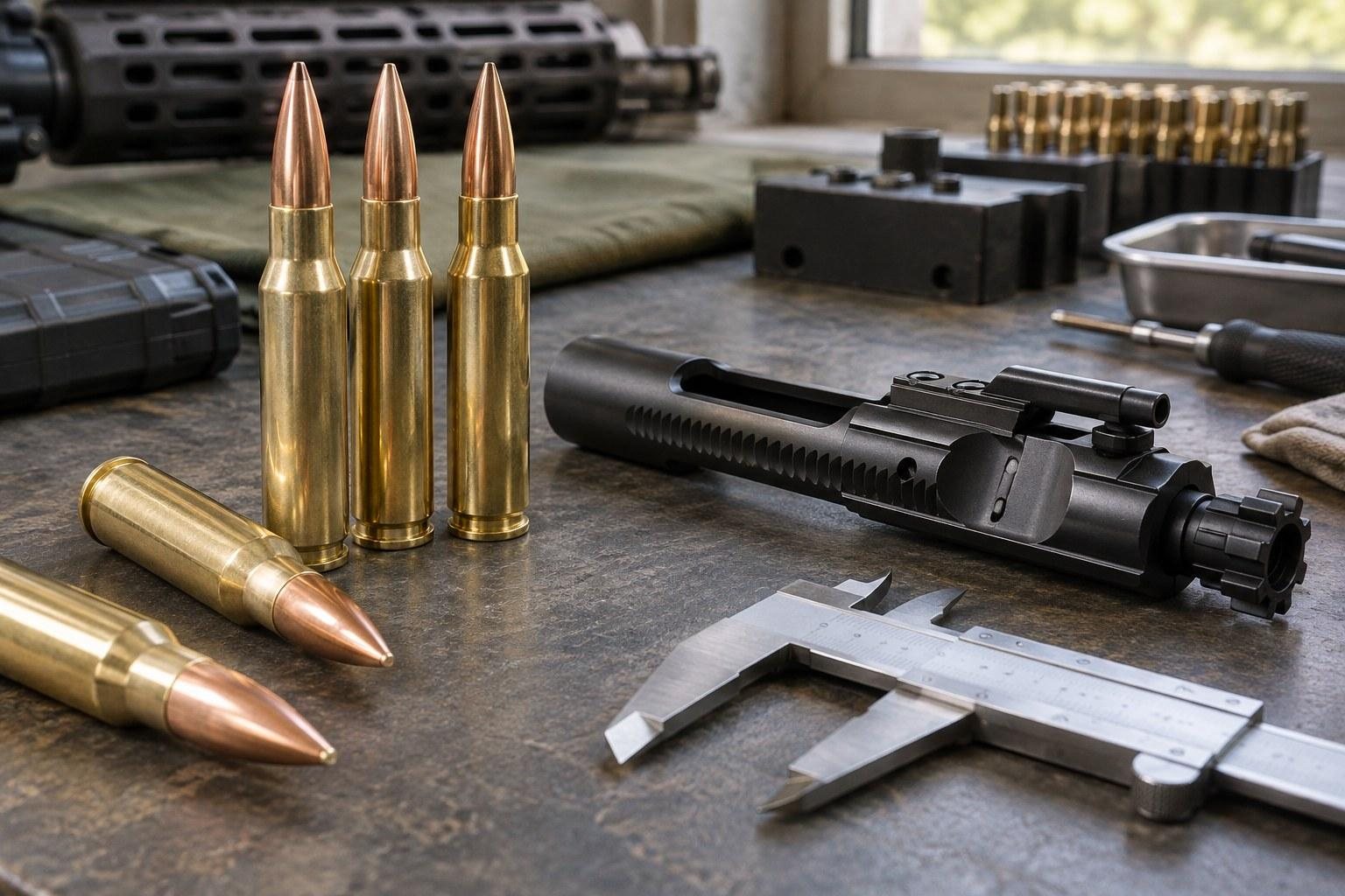 Black firearm components, brass cartridges, metal tools, and magazines arranged on a workshop table.