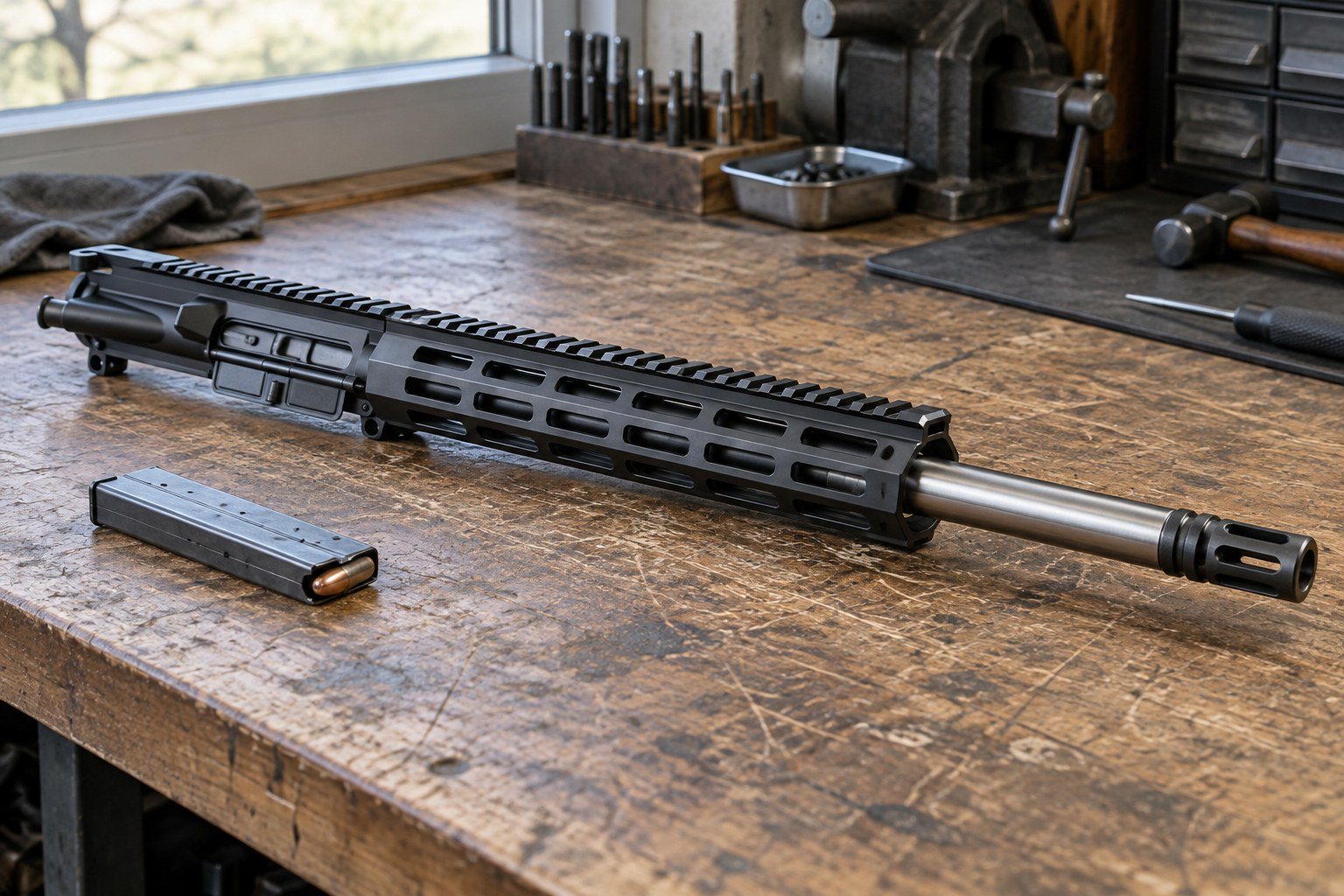 Black rifle upper assembly with long silver barrel and magazine on a wooden workbench.