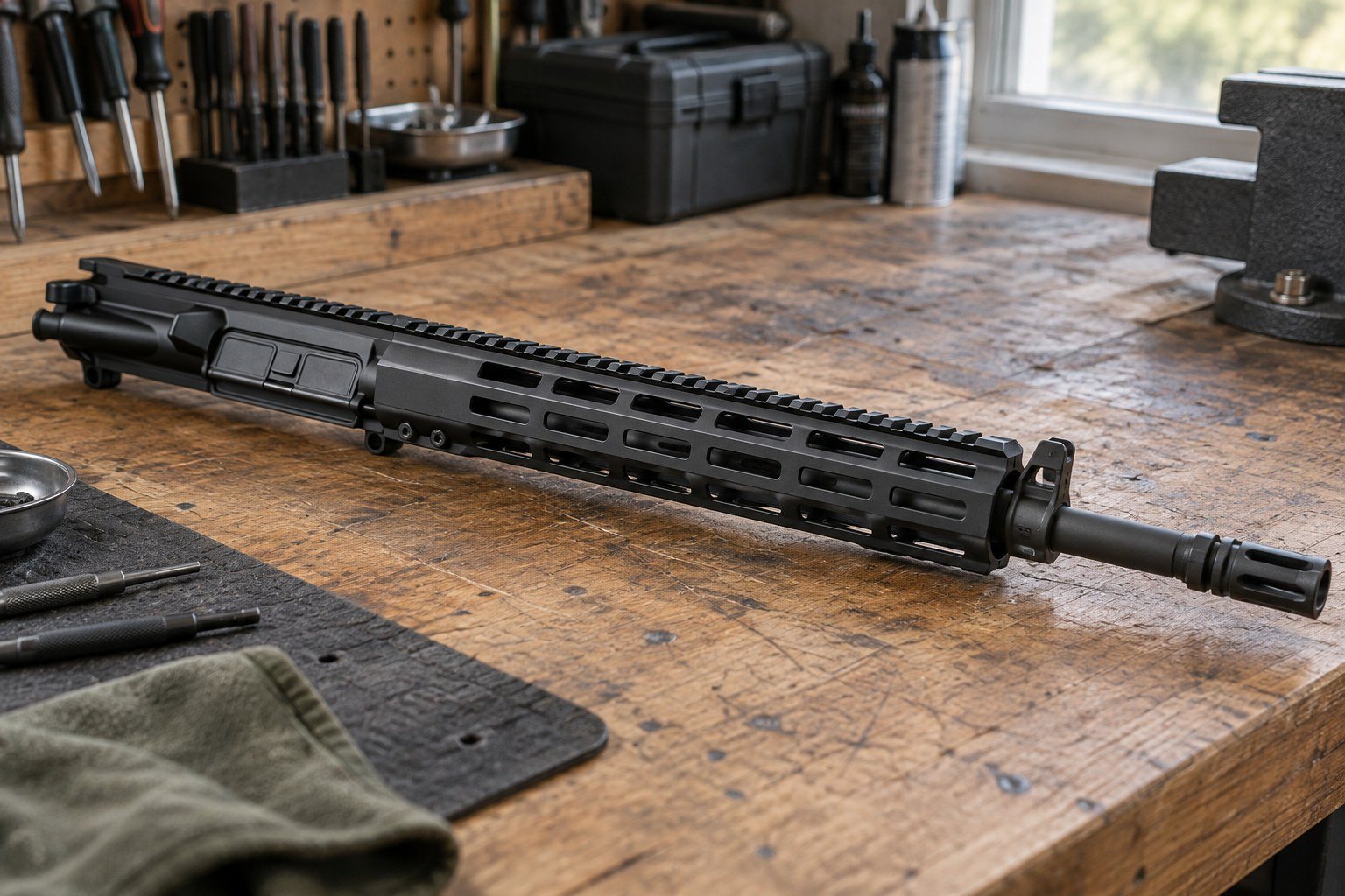 Disassembled black rifle upper resting on a wooden workbench with tools and equipment.