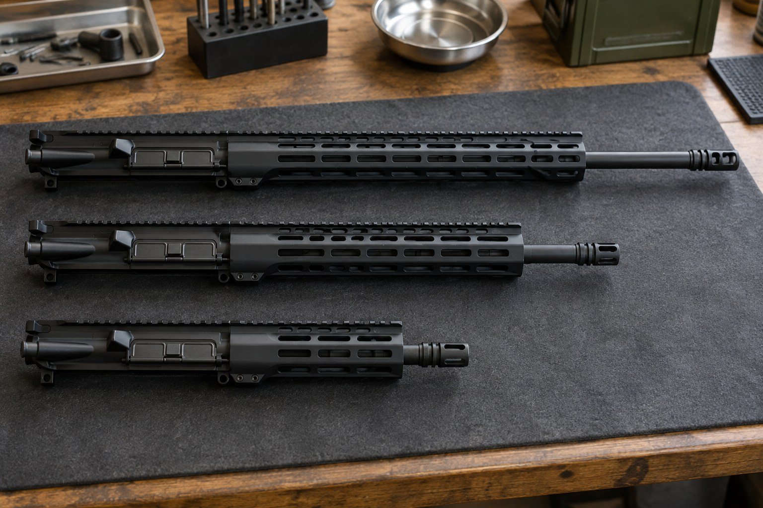 Three black rifle uppers of different lengths arranged on a dark work mat.