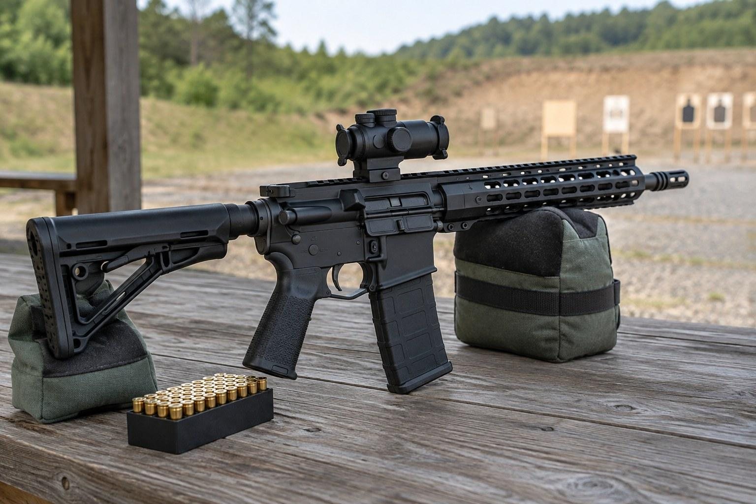 Black rifle with optic, ammunition, and sandbags on a wooden shooting bench outdoors.