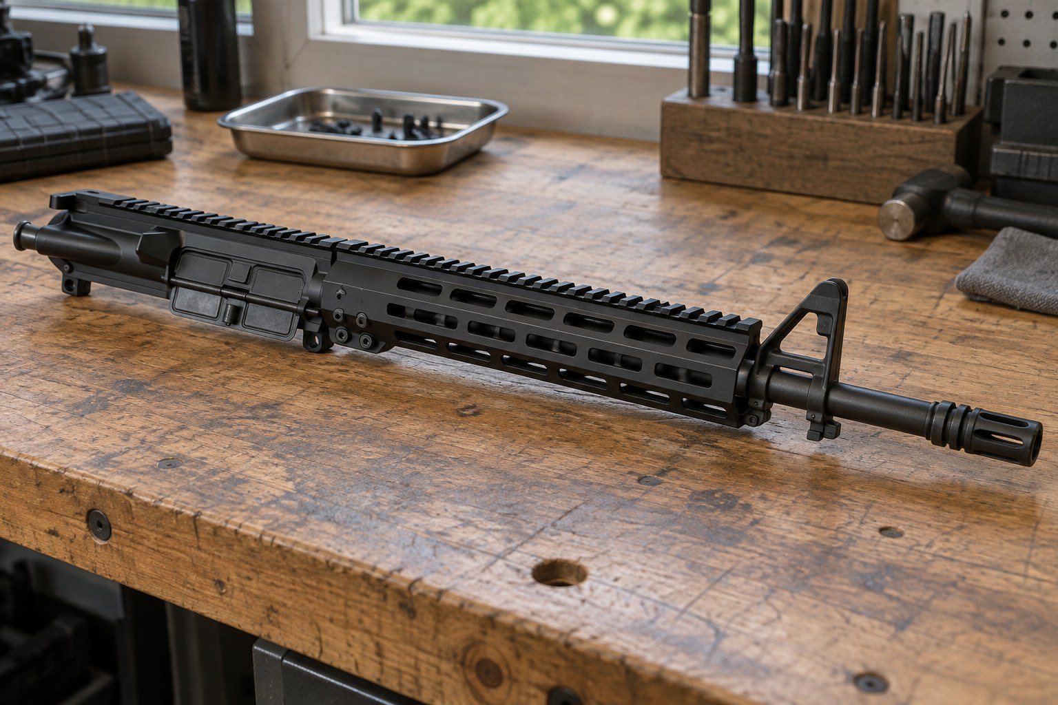 Black rifle assembly with front sight resting horizontally on a wooden workbench near trays and upright cartridges.