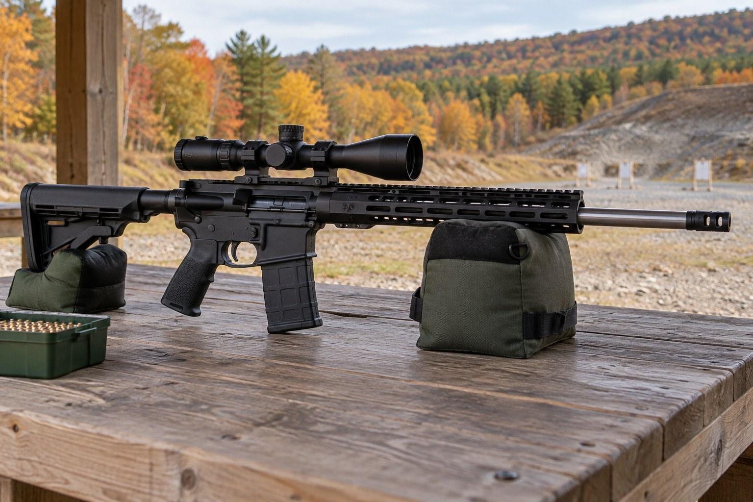 Black scoped rifle supported by sandbags on a wooden outdoor shooting bench, with autumn hills and targets beyond.