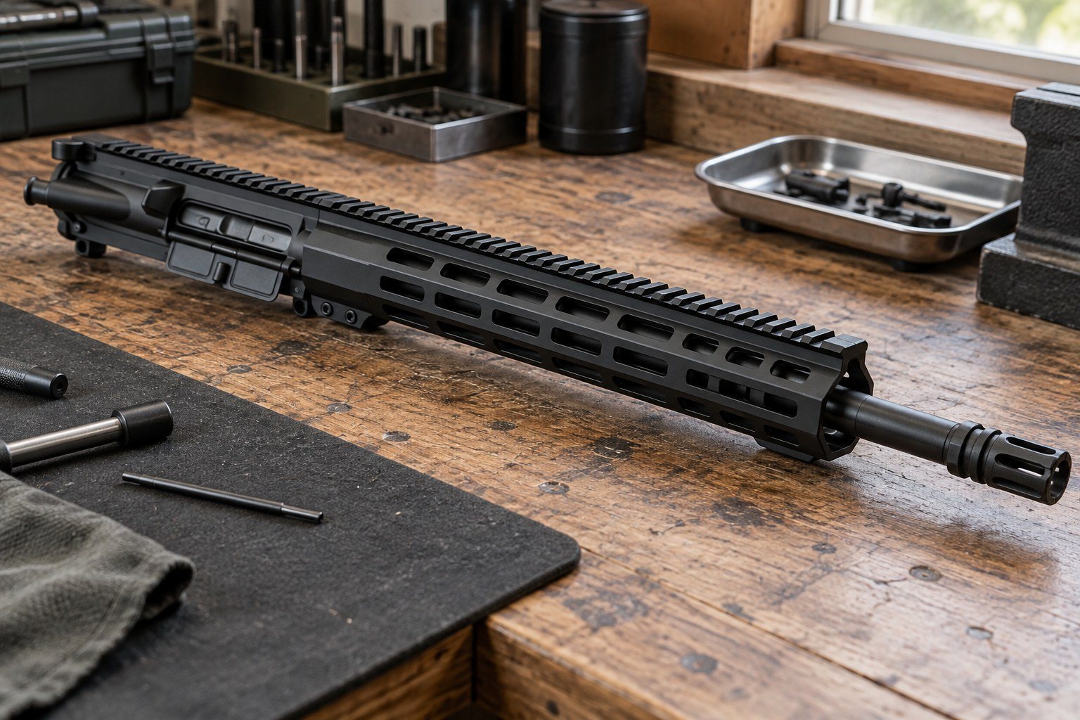 Black rifle assembly laid diagonally across a wooden workbench beside tools, trays, and workshop supplies.
