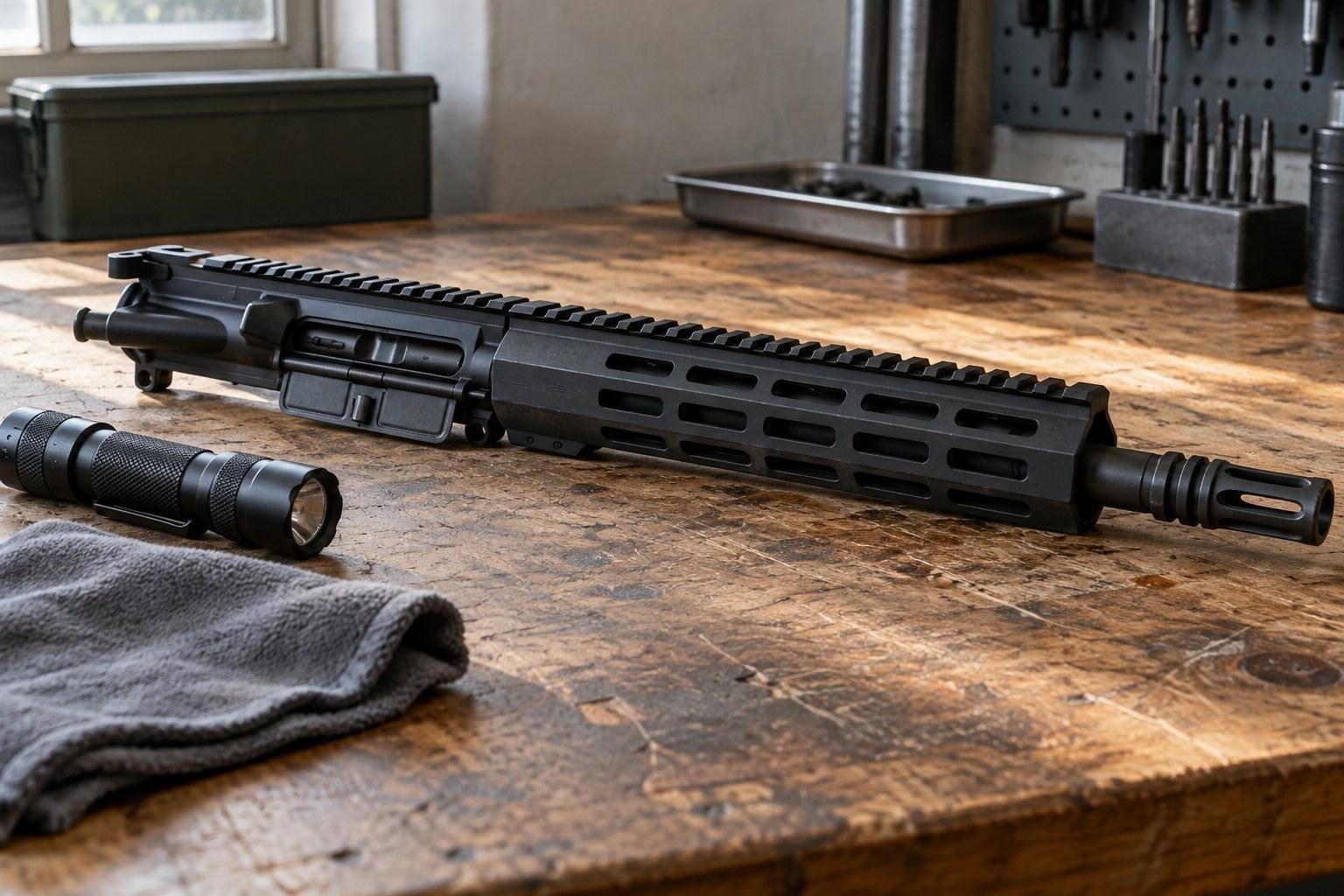 Black rifle upper assembly on a worn wooden workbench beside a flashlight and folded dark cloth