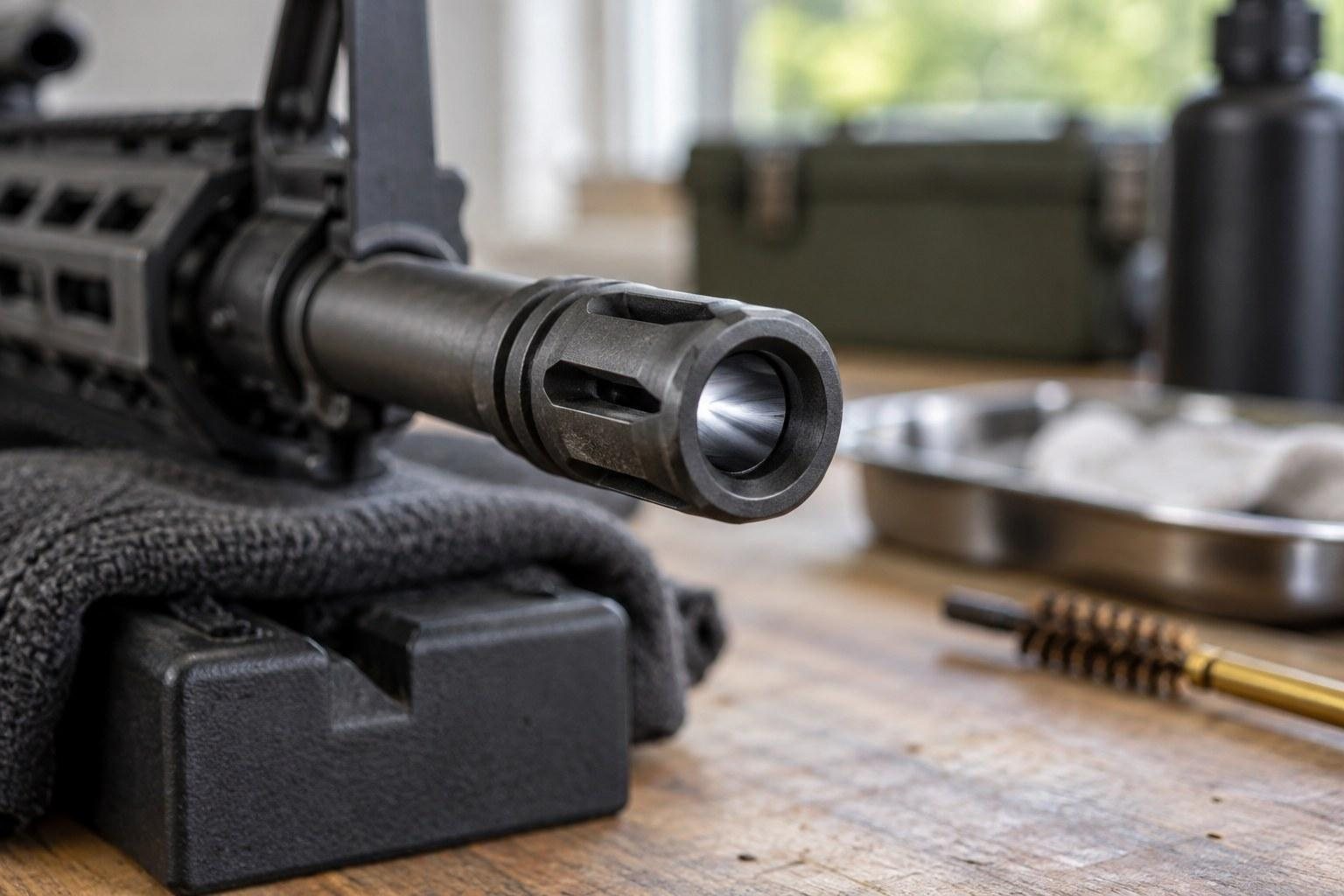Close-up of a black muzzle device resting beside a folded cloth, case, tray, and brass-colored rounds
