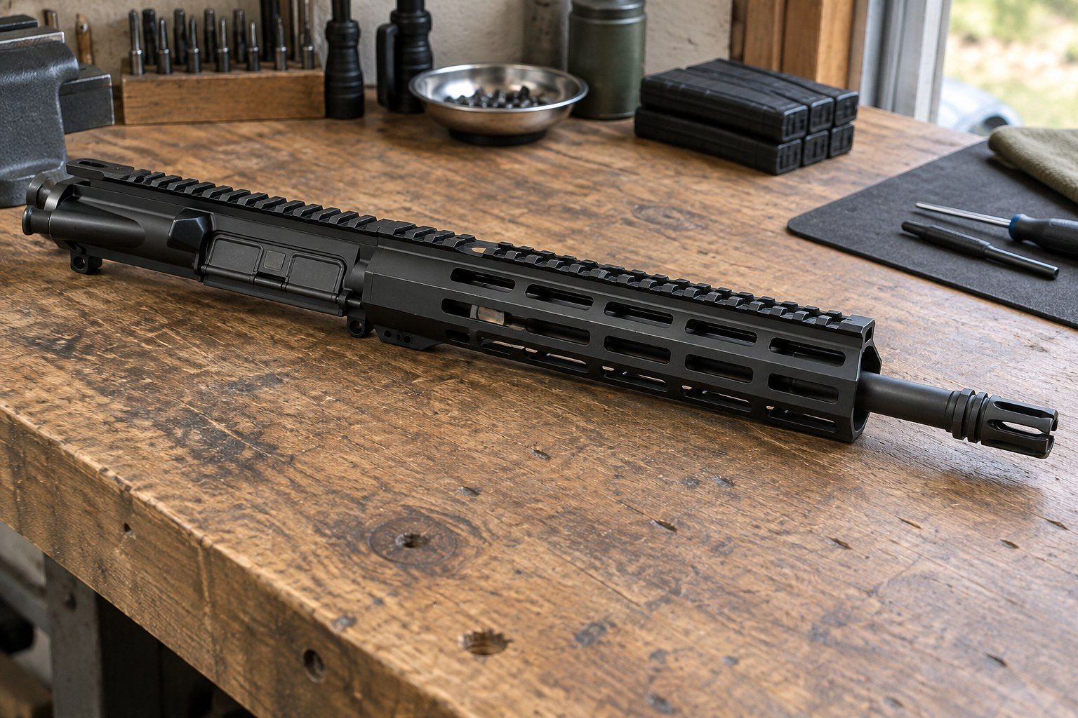 Black rifle upper assembly spanning a wooden workbench with tools and containers in the background