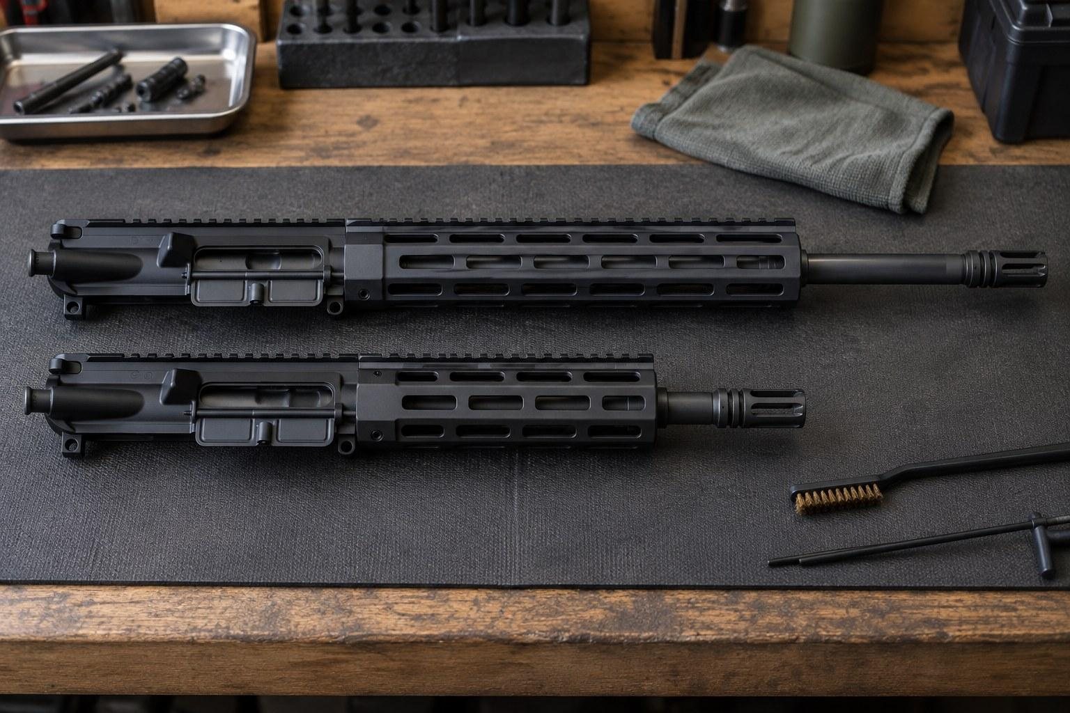 Two black rifle upper assemblies lie horizontally on a black work mat atop a wooden workbench.