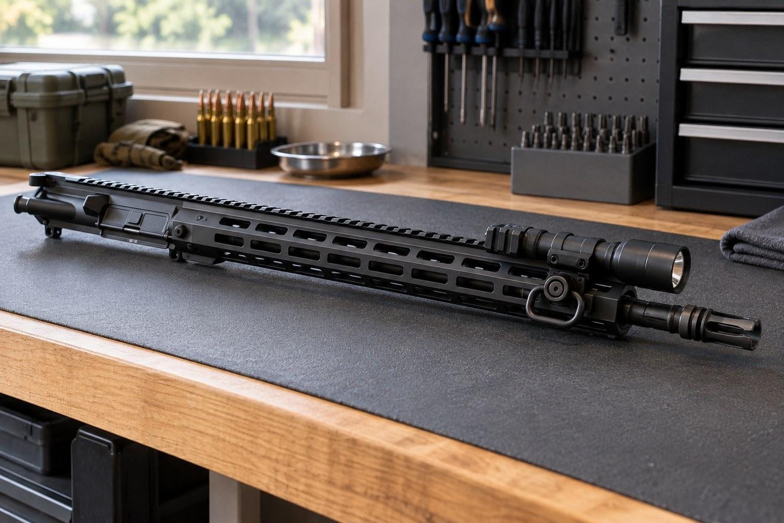 Black rifle with mounted scope and accessories rests diagonally on a workbench in a workshop.