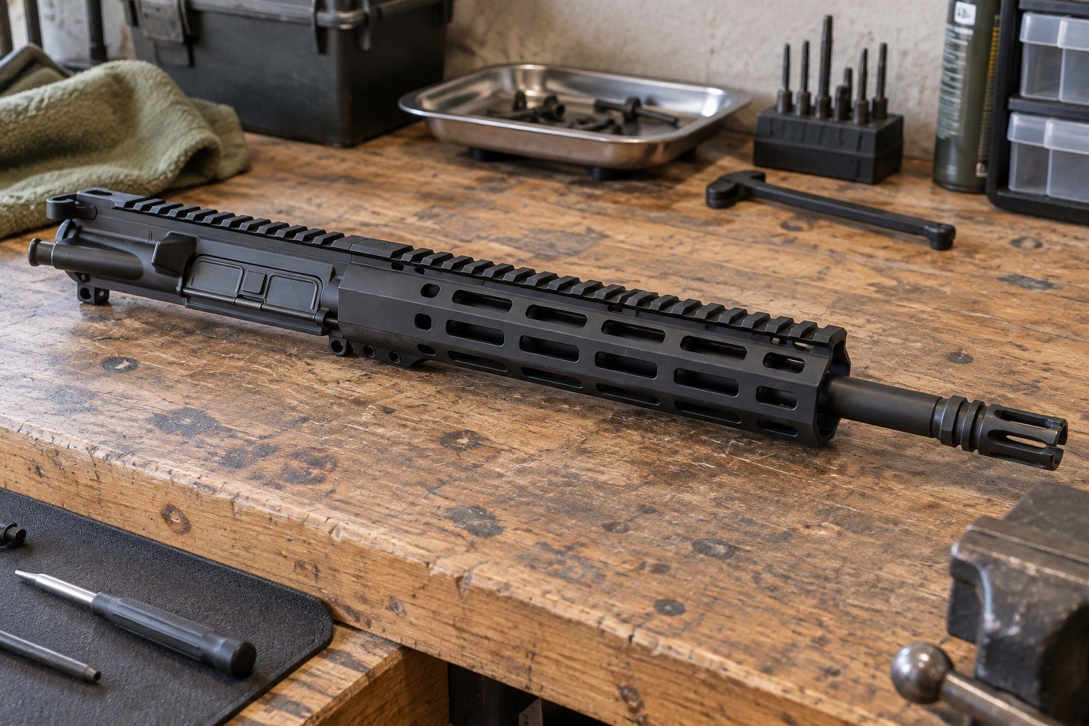 Black rifle upper assembly on a wooden workbench beside a metal tray, tools, storage bins, and a vise.