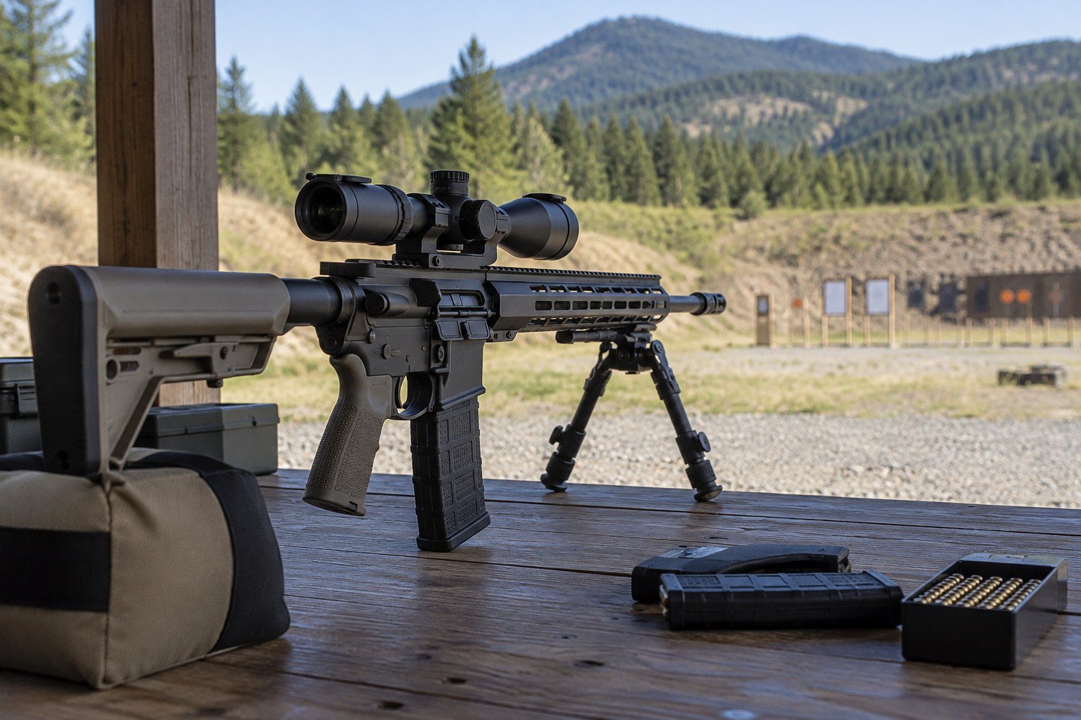 Black rifle with scope and bipod positioned on a covered shooting bench overlooking wooded outdoor targets.