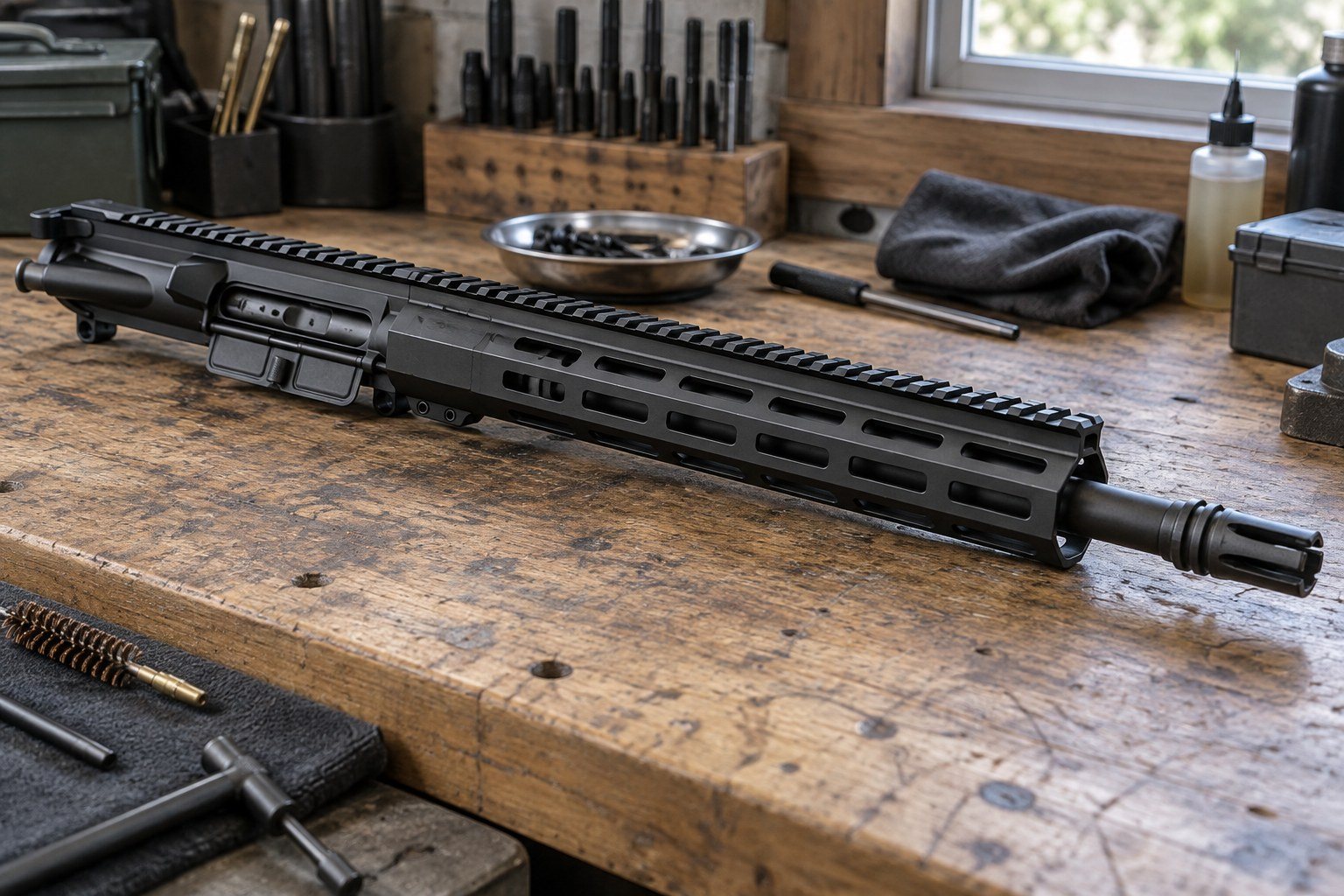 Black rifle upper assembly on a wooden workbench beside tools, containers, cleaning supplies, and a window.