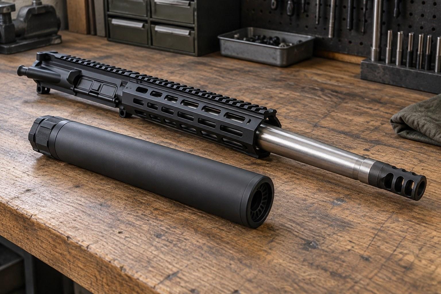 Black rifle upper assembly beside a long cylindrical metal component on a wooden workbench.