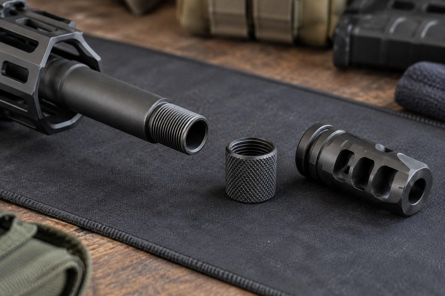 Close-up of threaded dark metal barrel, knurled ring, and vented cylindrical attachment on a black mat.