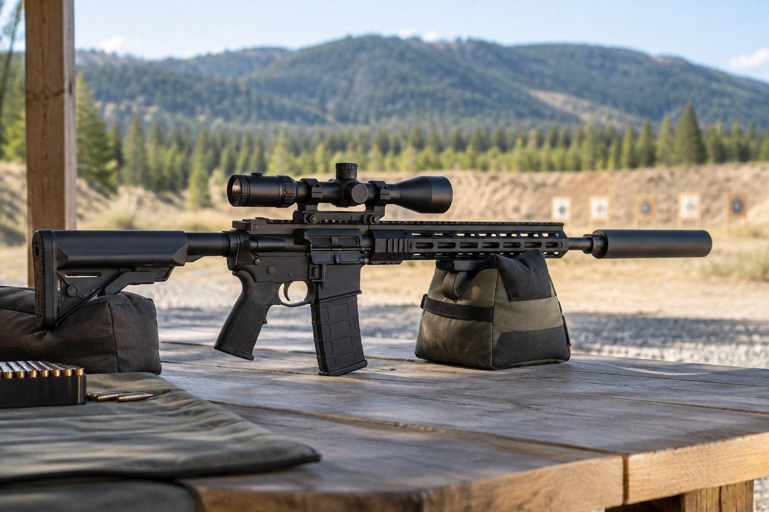 Scoped black rifle supported on bags atop a wooden shooting bench with forested hills in the background.