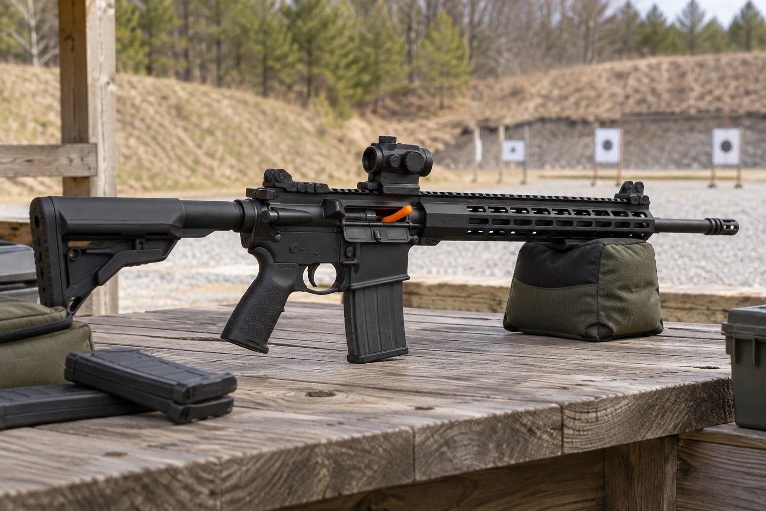 Black rifle with mounted optic standing on a shooting bench facing outdoor paper targets