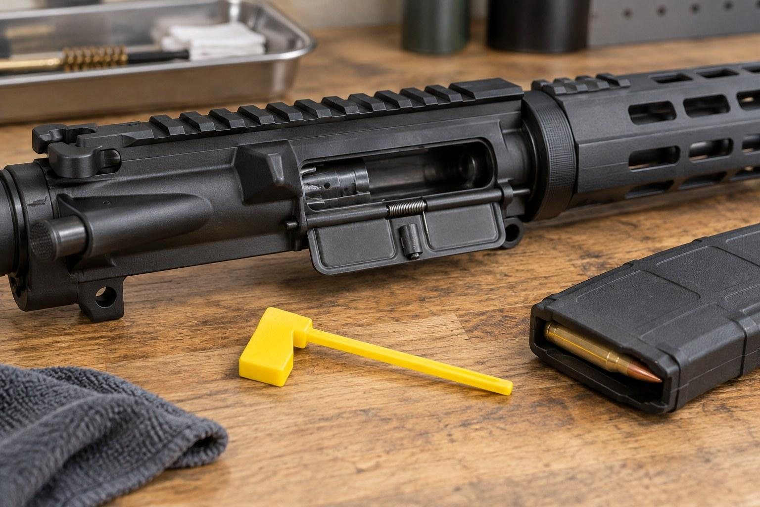 Close-up black rifle upper assembly on a wooden workbench with a magazine, yellow tool, tray, and cloth
