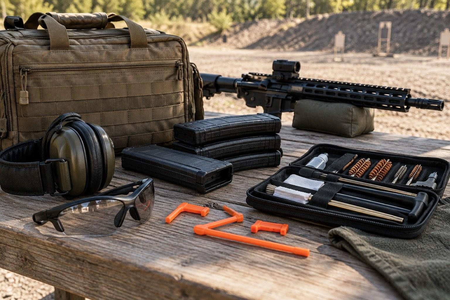 Outdoor shooting bench with rifle, tan gear bag, magazines, hearing protection, tools, and protective glasses